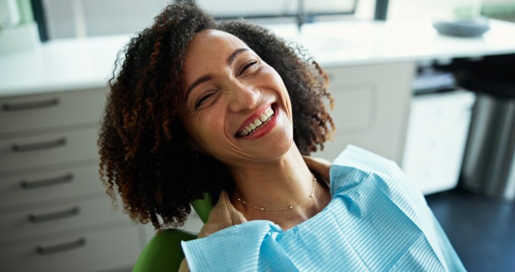 dentist smile and portrait of woman in clinic