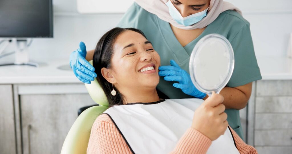 dentist woman patient and mirror for dental care