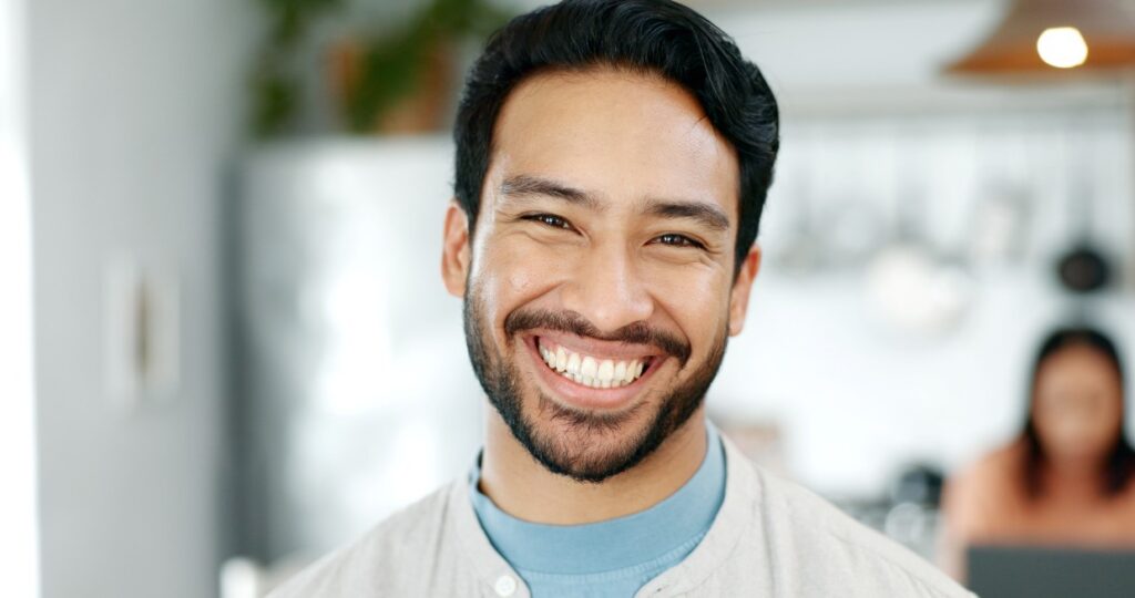 home kitchen and portrait of asian man with smile
